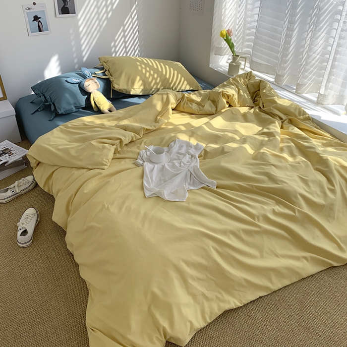 91家纺网 家纺一手货源 找家纺 曼谷家纺 新款美棉磨毛纯色系带混搭拼色蝴蝶结四件套 布丁月影兰（系带款）