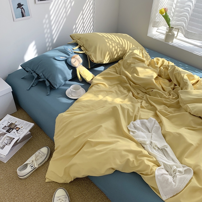 91家纺网 家纺一手货源 找家纺 曼谷家纺 新款美棉磨毛纯色系带混搭拼色蝴蝶结四件套 布丁月影兰（系带款）