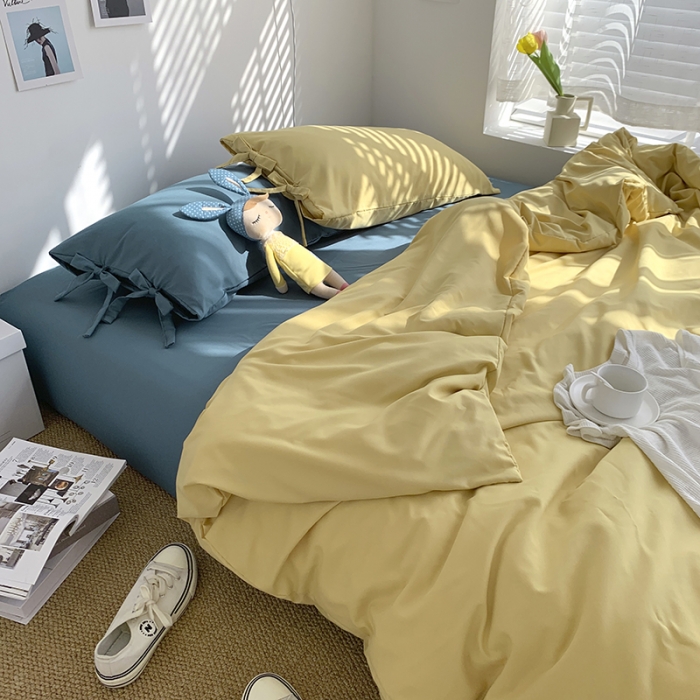 91家纺网 家纺一手货源 找家纺 曼谷家纺 新款美棉磨毛纯色系带混搭拼色蝴蝶结四件套 布丁月影兰（系带款）