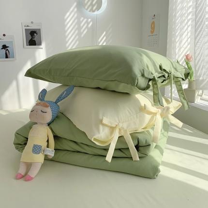 曼谷家纺 新款美棉磨毛纯色系带混搭拼色蝴蝶结四件套 豆绿芝士（系带款）