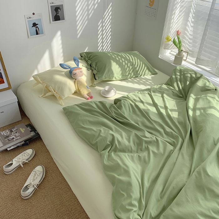 91家纺网 家纺一手货源 找家纺 曼谷家纺 新款美棉磨毛纯色系带混搭拼色蝴蝶结四件套 豆绿芝士（系带款）