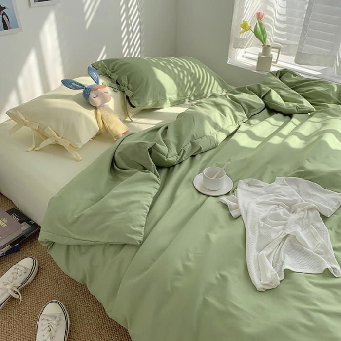 91家纺网 家纺一手货源 找家纺 曼谷家纺 新款美棉磨毛纯色系带混搭拼色蝴蝶结四件套 豆绿芝士（系带款）