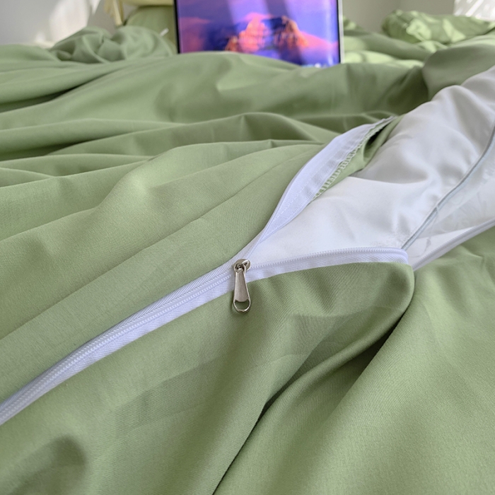 91家纺网 家纺一手货源 找家纺 曼谷家纺 新款美棉磨毛纯色系带混搭拼色蝴蝶结四件套 豆绿芝士（系带款）