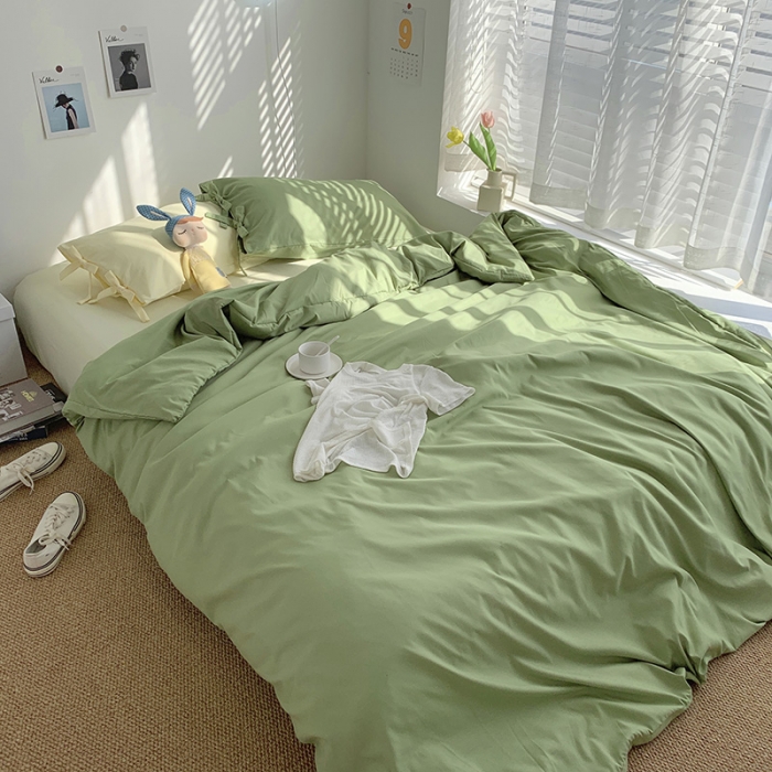 91家纺网 家纺一手货源 找家纺 曼谷家纺 新款美棉磨毛纯色系带混搭拼色蝴蝶结四件套 豆绿芝士（系带款）