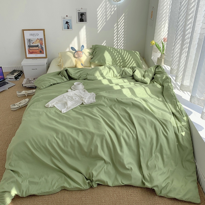 91家纺网 家纺一手货源 找家纺 曼谷家纺 新款美棉磨毛纯色系带混搭拼色蝴蝶结四件套 豆绿芝士（系带款）