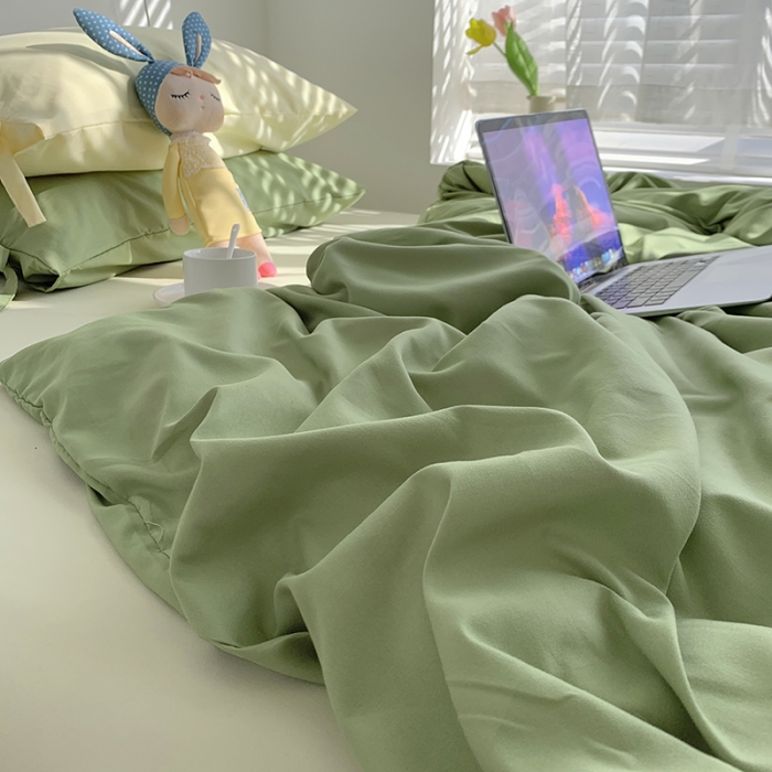 91家纺网 家纺一手货源 找家纺 曼谷家纺 新款美棉磨毛纯色系带混搭拼色蝴蝶结四件套 豆绿芝士（系带款）