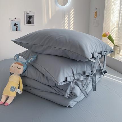 曼谷家纺 新款美棉磨毛纯色系带混搭拼色蝴蝶结四件套 海盐（系带款）