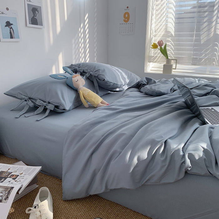 91家纺网 家纺一手货源 找家纺 曼谷家纺 新款美棉磨毛纯色系带混搭拼色蝴蝶结四件套 海盐（系带款）