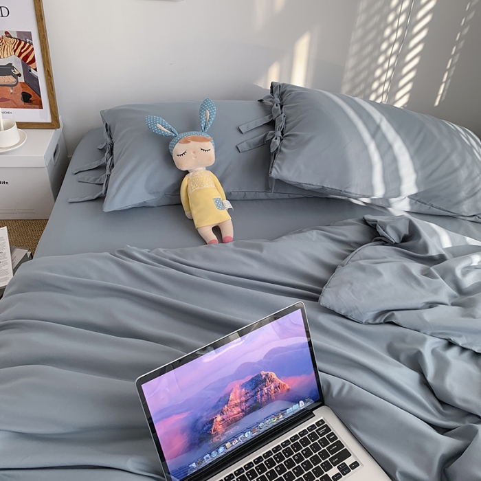 91家纺网 家纺一手货源 找家纺 曼谷家纺 新款美棉磨毛纯色系带混搭拼色蝴蝶结四件套 海盐（系带款）