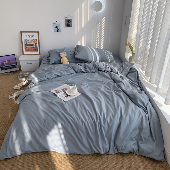 91家纺网 家纺一手货源 找家纺 曼谷家纺 新款美棉磨毛纯色系带混搭拼色蝴蝶结四件套 海盐（系带款）