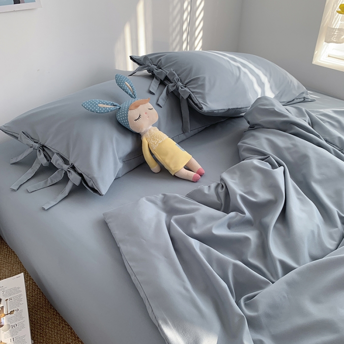 91家纺网 家纺一手货源 找家纺 曼谷家纺 新款美棉磨毛纯色系带混搭拼色蝴蝶结四件套 海盐（系带款）