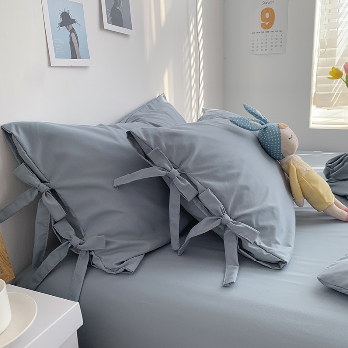 91家纺网 家纺一手货源 找家纺 曼谷家纺 新款美棉磨毛纯色系带混搭拼色蝴蝶结四件套 海盐（系带款）