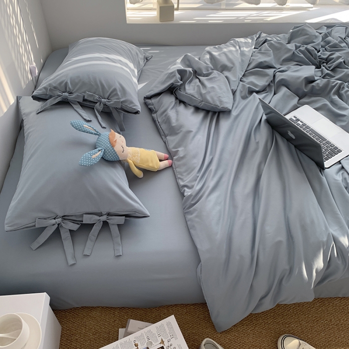 91家纺网 家纺一手货源 找家纺 曼谷家纺 新款美棉磨毛纯色系带混搭拼色蝴蝶结四件套 海盐（系带款）