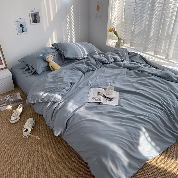 91家纺网 家纺一手货源 找家纺 曼谷家纺 新款美棉磨毛纯色系带混搭拼色蝴蝶结四件套 海盐（系带款）