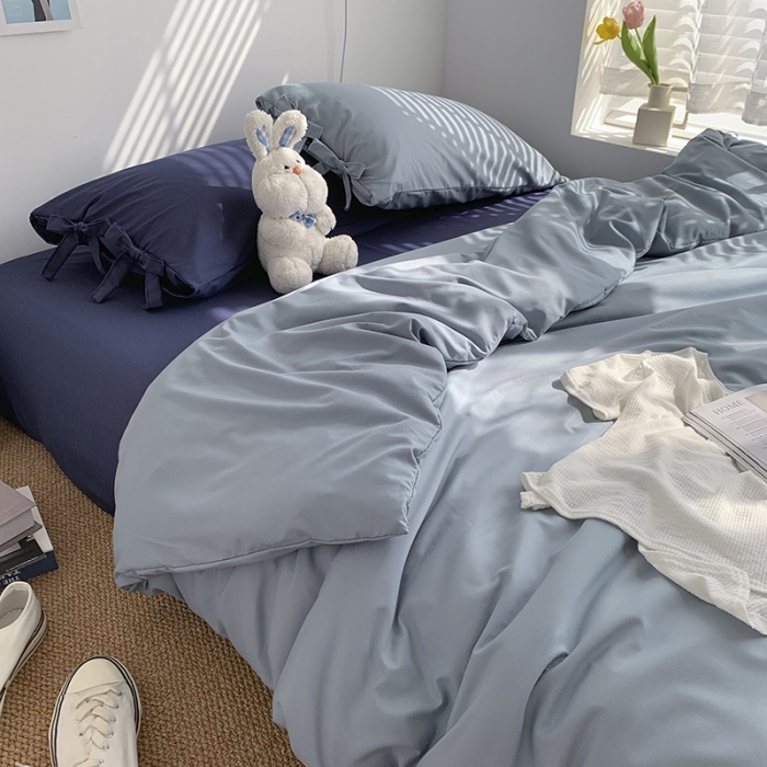 91家纺网 家纺一手货源 找家纺 曼谷家纺 新款美棉磨毛纯色系带混搭拼色蝴蝶结四件套海盐可可蓝（系带款）