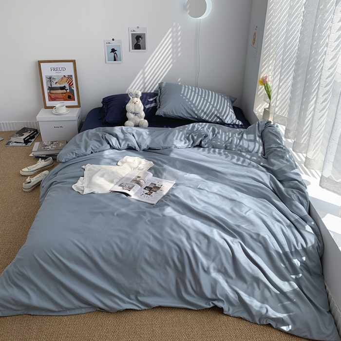 91家纺网 家纺一手货源 找家纺 曼谷家纺 新款美棉磨毛纯色系带混搭拼色蝴蝶结四件套海盐可可蓝（系带款）