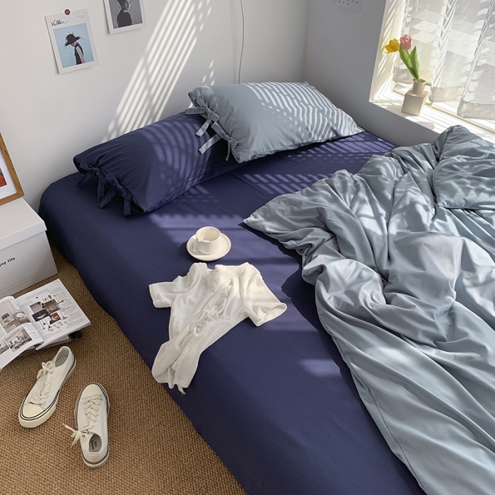 91家纺网 家纺一手货源 找家纺 曼谷家纺 新款美棉磨毛纯色系带混搭拼色蝴蝶结四件套海盐可可蓝（系带款）