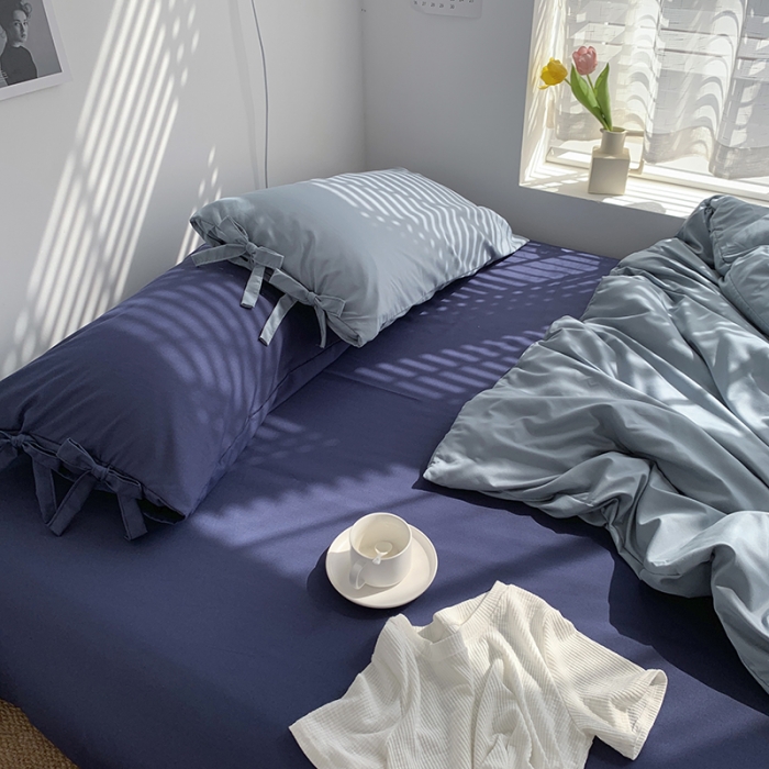 91家纺网 家纺一手货源 找家纺 曼谷家纺 新款美棉磨毛纯色系带混搭拼色蝴蝶结四件套海盐可可蓝（系带款）