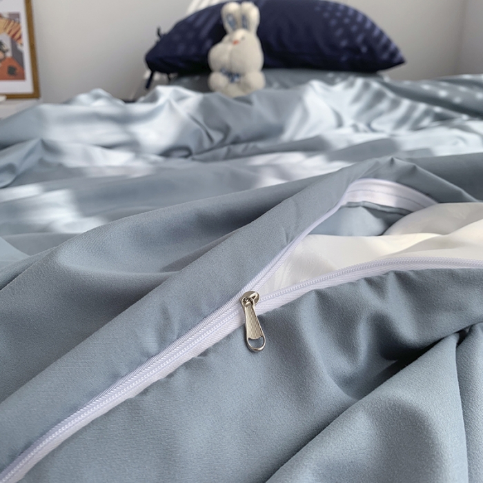 91家纺网 家纺一手货源 找家纺 曼谷家纺 新款美棉磨毛纯色系带混搭拼色蝴蝶结四件套海盐可可蓝（系带款）