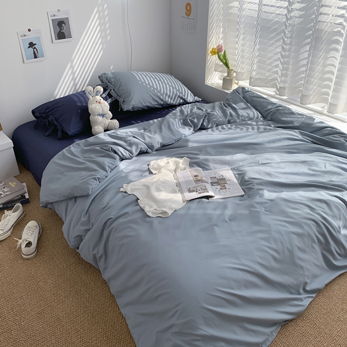 91家纺网 家纺一手货源 找家纺 曼谷家纺 新款美棉磨毛纯色系带混搭拼色蝴蝶结四件套海盐可可蓝（系带款）