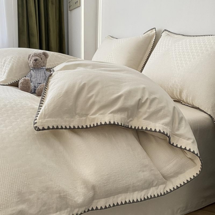 91家纺网 家纺一手货源 找家纺 金丝鸟 2023新款A类60支全棉水洗棉华夫格系列四件套 拉夫格 白