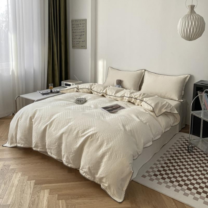 91家纺网 家纺一手货源 找家纺 金丝鸟 2023新款A类60支全棉水洗棉华夫格系列四件套 拉夫格 白