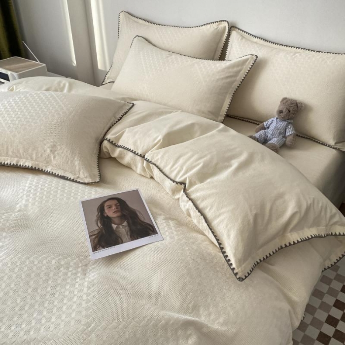 91家纺网 家纺一手货源 找家纺 金丝鸟 2023新款A类60支全棉水洗棉华夫格系列四件套 拉夫格 白