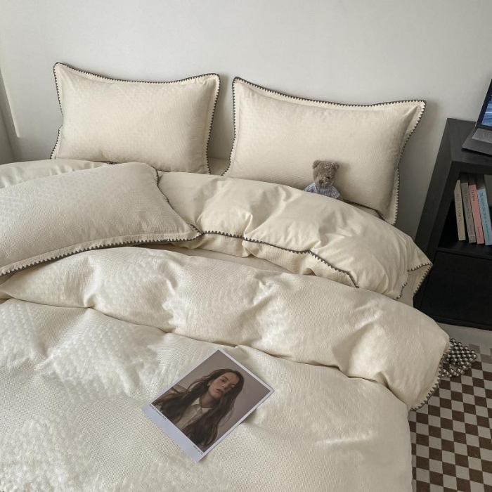 91家纺网 家纺一手货源 找家纺 金丝鸟 2023新款A类60支全棉水洗棉华夫格系列四件套 拉夫格 白