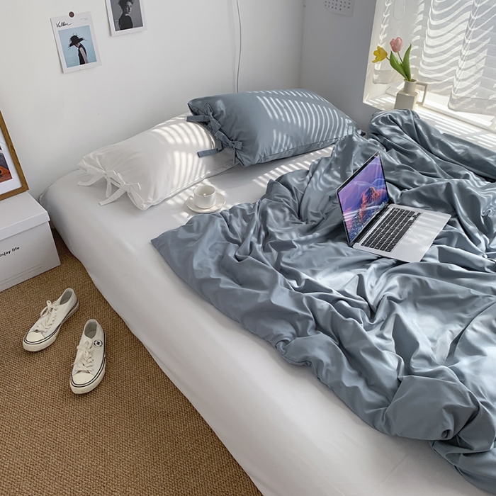 91家纺网 家纺一手货源 找家纺 曼谷家纺 新款美棉磨毛纯色系带混搭拼色蝴蝶结四件套 海盐椰奶（系带款）