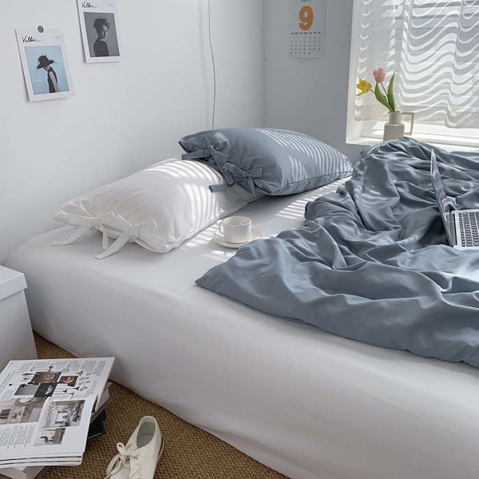 91家纺网 家纺一手货源 找家纺 曼谷家纺 新款美棉磨毛纯色系带混搭拼色蝴蝶结四件套 海盐椰奶（系带款）