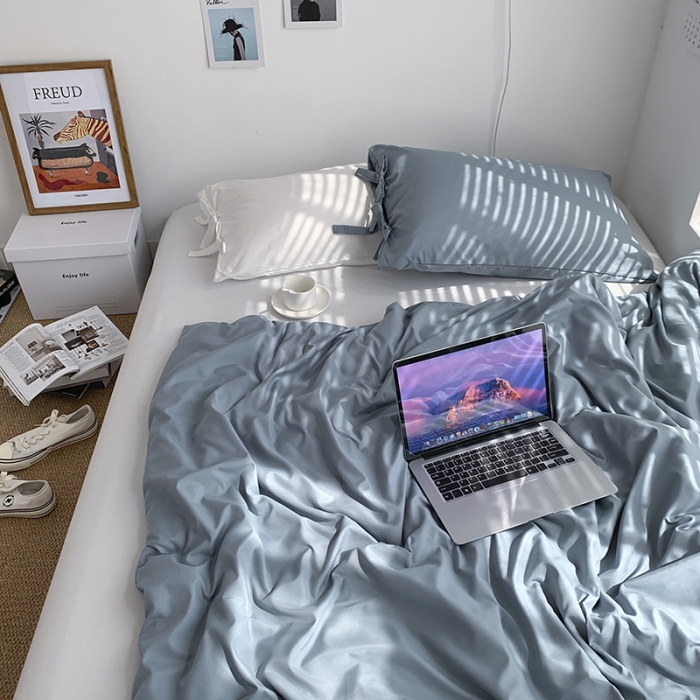 91家纺网 家纺一手货源 找家纺 曼谷家纺 新款美棉磨毛纯色系带混搭拼色蝴蝶结四件套 海盐椰奶（系带款）