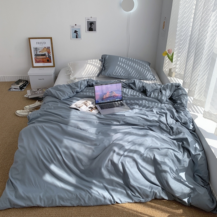 91家纺网 家纺一手货源 找家纺 曼谷家纺 新款美棉磨毛纯色系带混搭拼色蝴蝶结四件套 海盐椰奶（系带款）