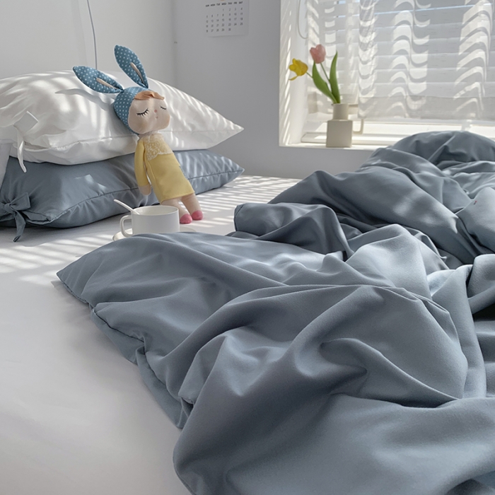 91家纺网 家纺一手货源 找家纺 曼谷家纺 新款美棉磨毛纯色系带混搭拼色蝴蝶结四件套 海盐椰奶（系带款）