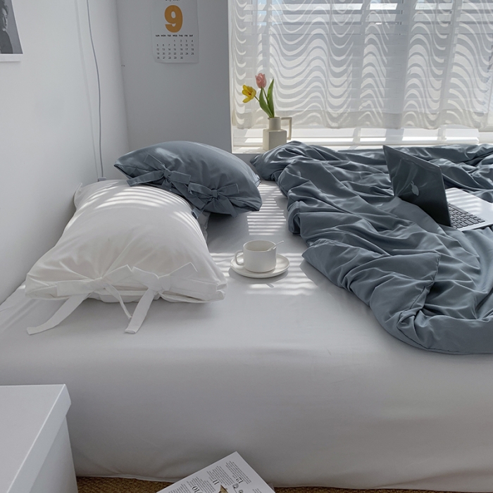 91家纺网 家纺一手货源 找家纺 曼谷家纺 新款美棉磨毛纯色系带混搭拼色蝴蝶结四件套 海盐椰奶（系带款）