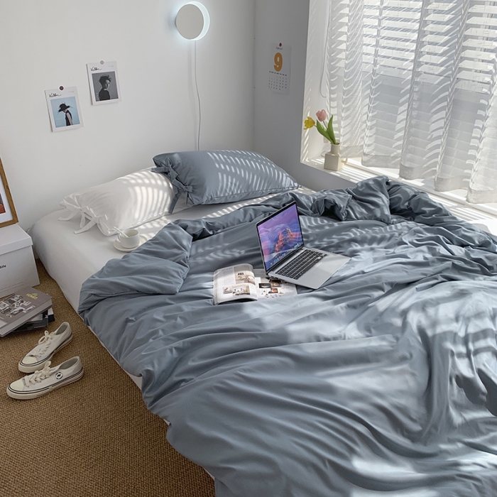 91家纺网 家纺一手货源 找家纺 曼谷家纺 新款美棉磨毛纯色系带混搭拼色蝴蝶结四件套 海盐椰奶（系带款）