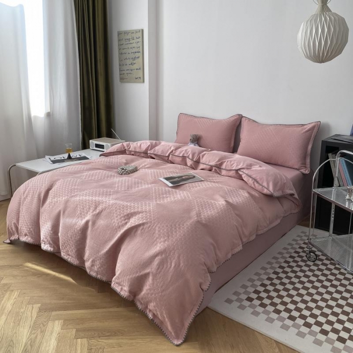 91家纺网 家纺一手货源 找家纺 金丝鸟 2023新款A类60支全棉水洗棉华夫格系列四件套 拉夫格 粉