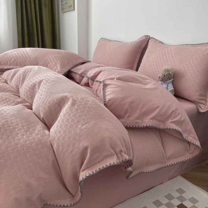 91家纺网 家纺一手货源 找家纺 金丝鸟 2023新款A类60支全棉水洗棉华夫格系列四件套 拉夫格 粉