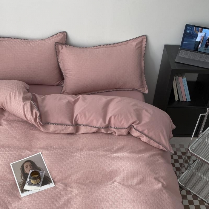 91家纺网 家纺一手货源 找家纺 金丝鸟 2023新款A类60支全棉水洗棉华夫格系列四件套 拉夫格 粉