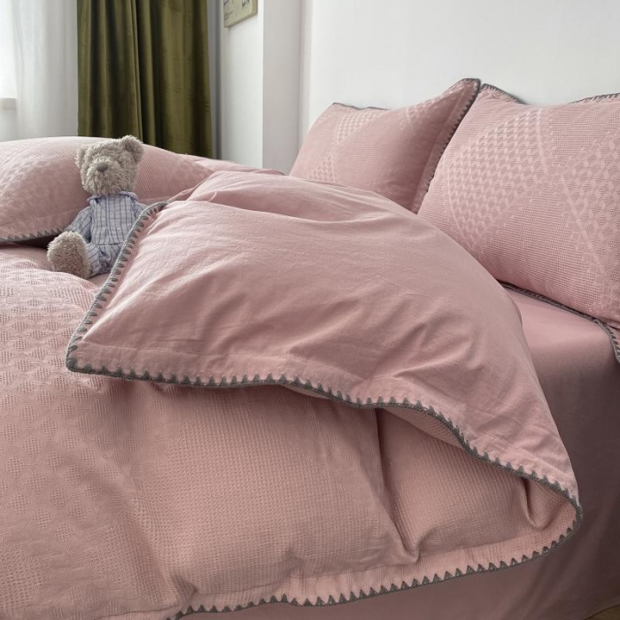 91家纺网 家纺一手货源 找家纺 金丝鸟 2023新款A类60支全棉水洗棉华夫格系列四件套 拉夫格 粉