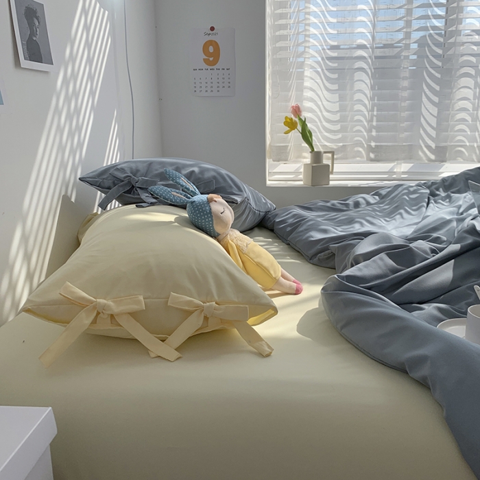 91家纺网 家纺一手货源 找家纺 曼谷家纺 新款美棉磨毛纯色系带混搭拼色蝴蝶结四件套 海盐芝士（系带款）