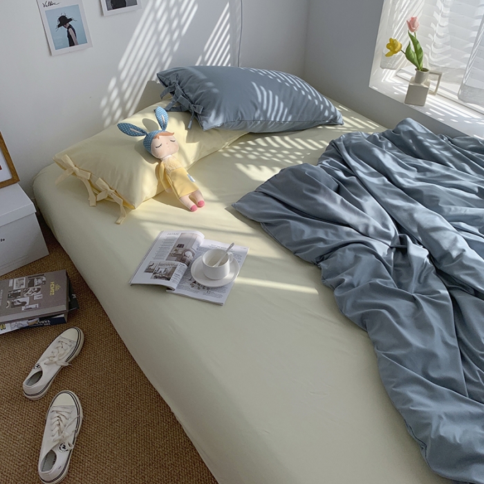 91家纺网 家纺一手货源 找家纺 曼谷家纺 新款美棉磨毛纯色系带混搭拼色蝴蝶结四件套 海盐芝士（系带款）