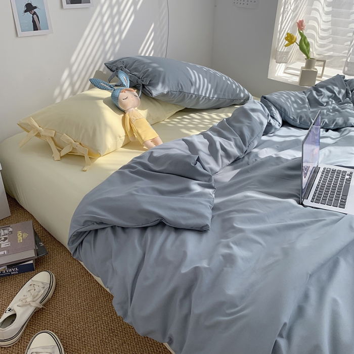 91家纺网 家纺一手货源 找家纺 曼谷家纺 新款美棉磨毛纯色系带混搭拼色蝴蝶结四件套 海盐芝士（系带款）