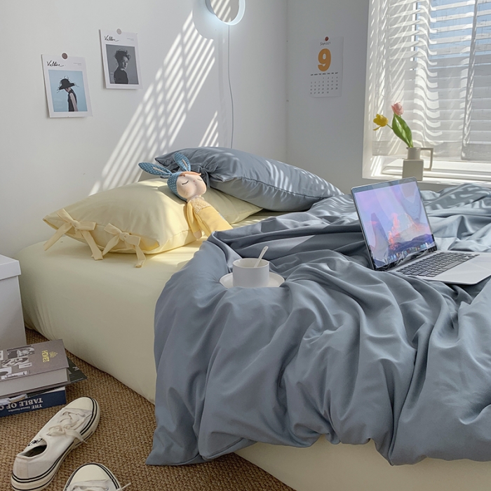 91家纺网 家纺一手货源 找家纺 曼谷家纺 新款美棉磨毛纯色系带混搭拼色蝴蝶结四件套 海盐芝士（系带款）