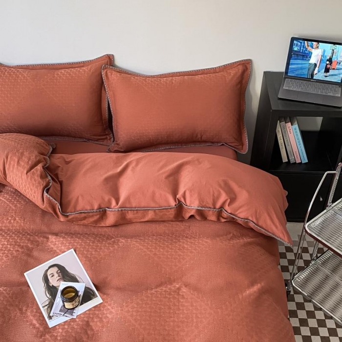 91家纺网 家纺一手货源 找家纺 金丝鸟 2023新款A类60支全棉水洗棉华夫格系列四件套 拉夫格 红