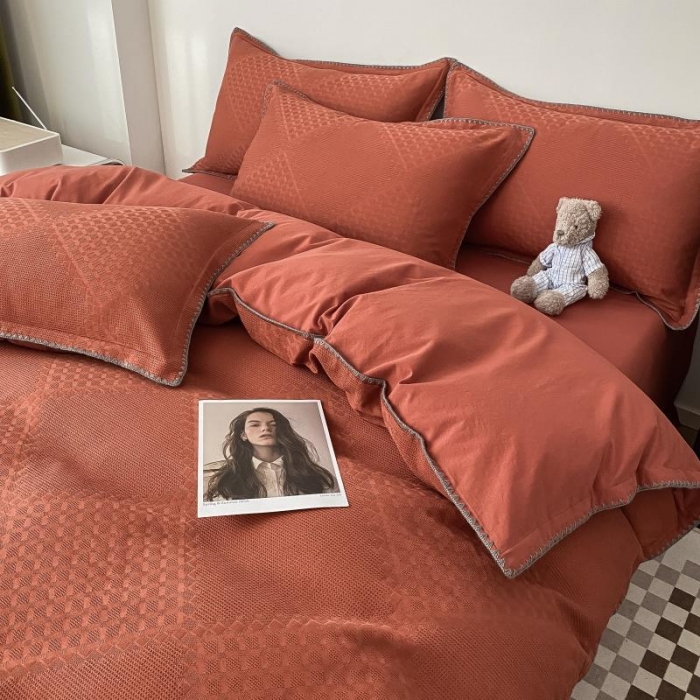 91家纺网 家纺一手货源 找家纺 金丝鸟 2023新款A类60支全棉水洗棉华夫格系列四件套 拉夫格 红