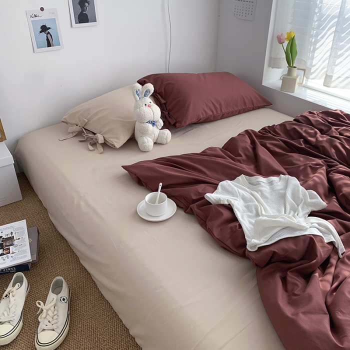 91家纺网 家纺一手货源 找家纺 曼谷家纺 新款美棉磨毛纯色系带混搭拼色蝴蝶结四件套 焦糖奶茶（系带款）