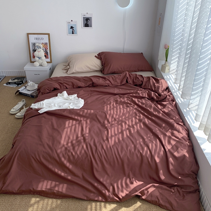 91家纺网 家纺一手货源 找家纺 曼谷家纺 新款美棉磨毛纯色系带混搭拼色蝴蝶结四件套 焦糖奶茶（系带款）