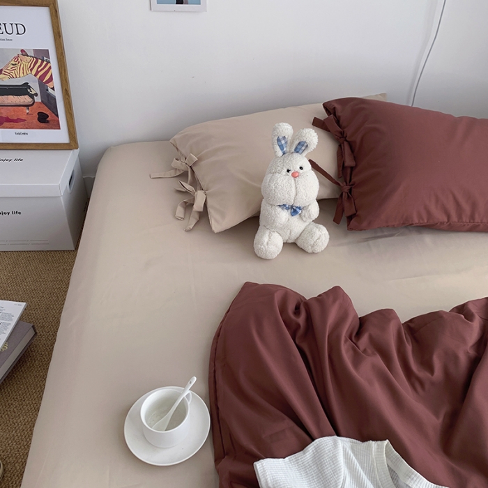 91家纺网 家纺一手货源 找家纺 曼谷家纺 新款美棉磨毛纯色系带混搭拼色蝴蝶结四件套 焦糖奶茶（系带款）