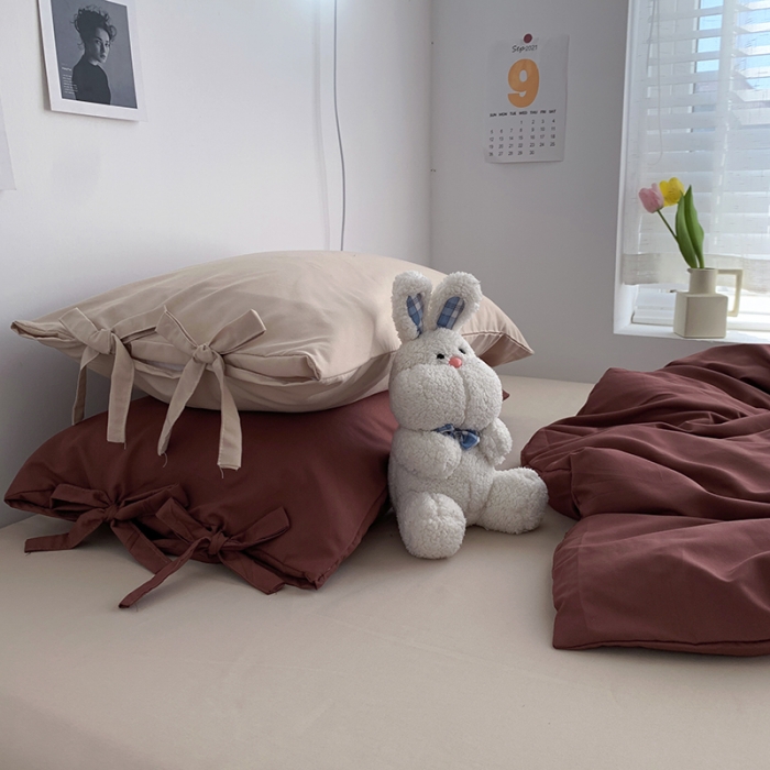 91家纺网 家纺一手货源 找家纺 曼谷家纺 新款美棉磨毛纯色系带混搭拼色蝴蝶结四件套 焦糖奶茶（系带款）