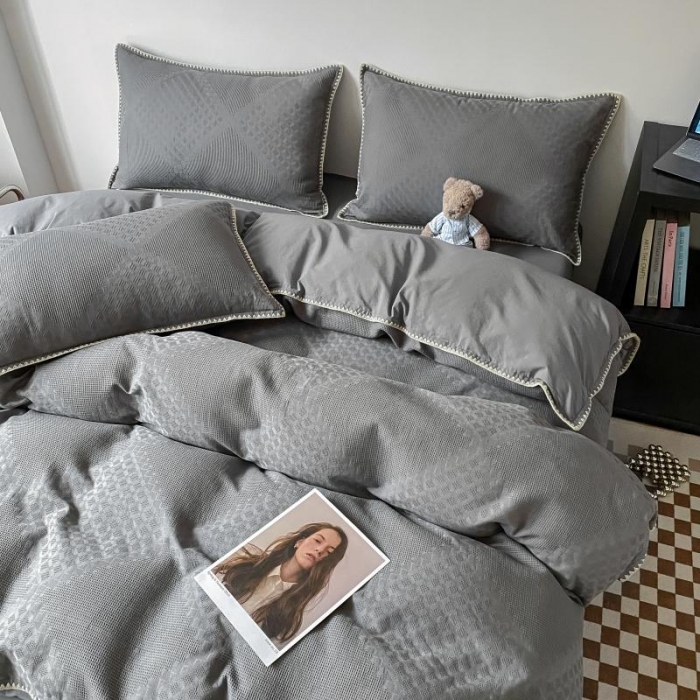 91家纺网 家纺一手货源 找家纺 金丝鸟 2023新款A类60支全棉水洗棉华夫格系列四件套 拉夫格 灰